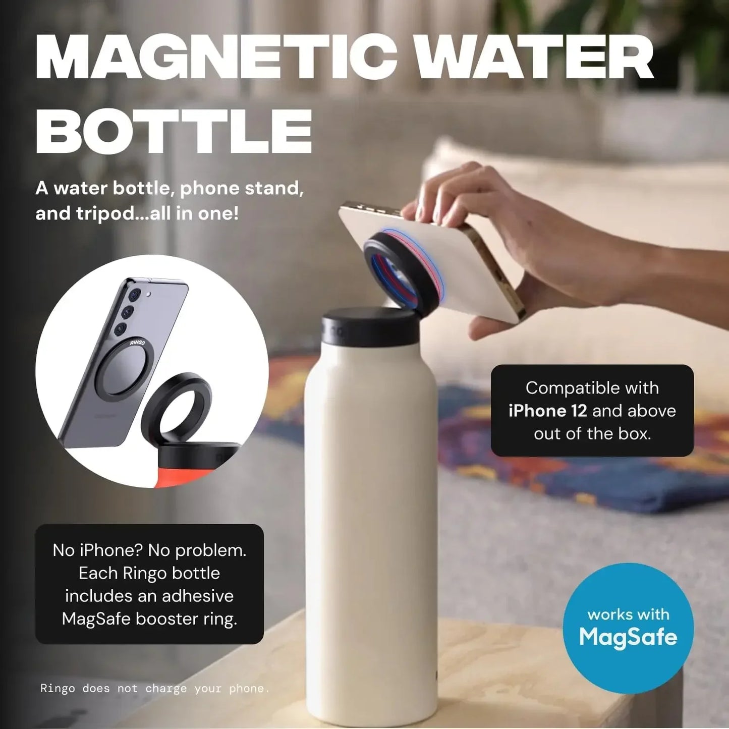 Water Bottle with Magnetic Phone Holder